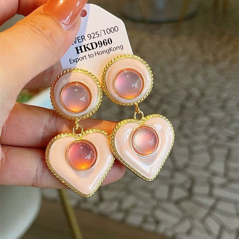 Jaylie Enamel Heart Drop Earrings - Peach Pink