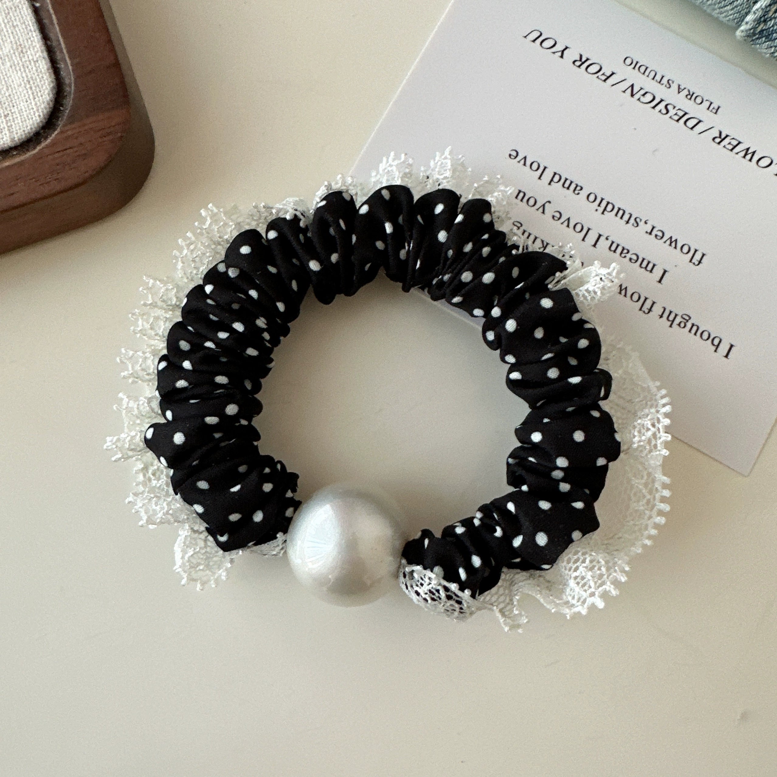 Cecile Ruffled Scrunchie - Black Polka Dot [ZBUBDNMP]