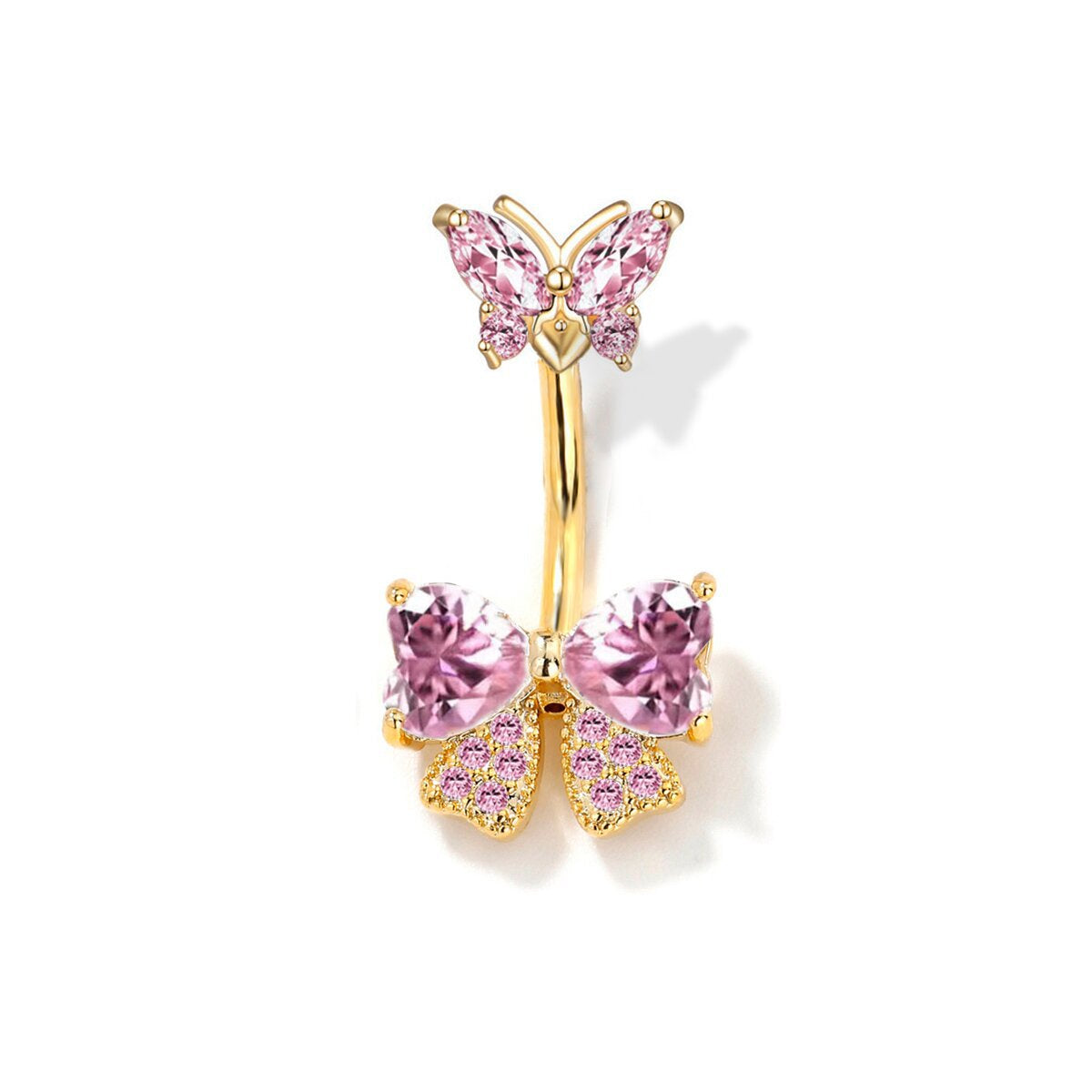 Gia Sparkling Bow Belly Ring - Pink Stone (18K Gold Tone) [JSILSNSF]