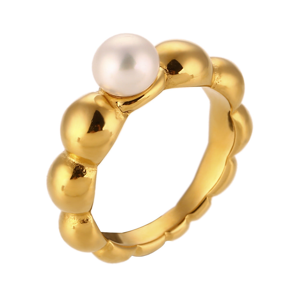 Asa Gold Retro Rings - Wavy Faux Pearl Ring - Gold - Size 6 [GU8H1J0R]