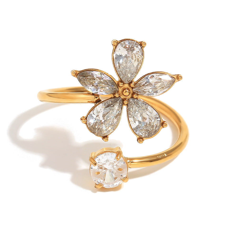 Owen Gold Zircon Flower Ring - Zircon Flower Open Ring - Gold [X701G65E]