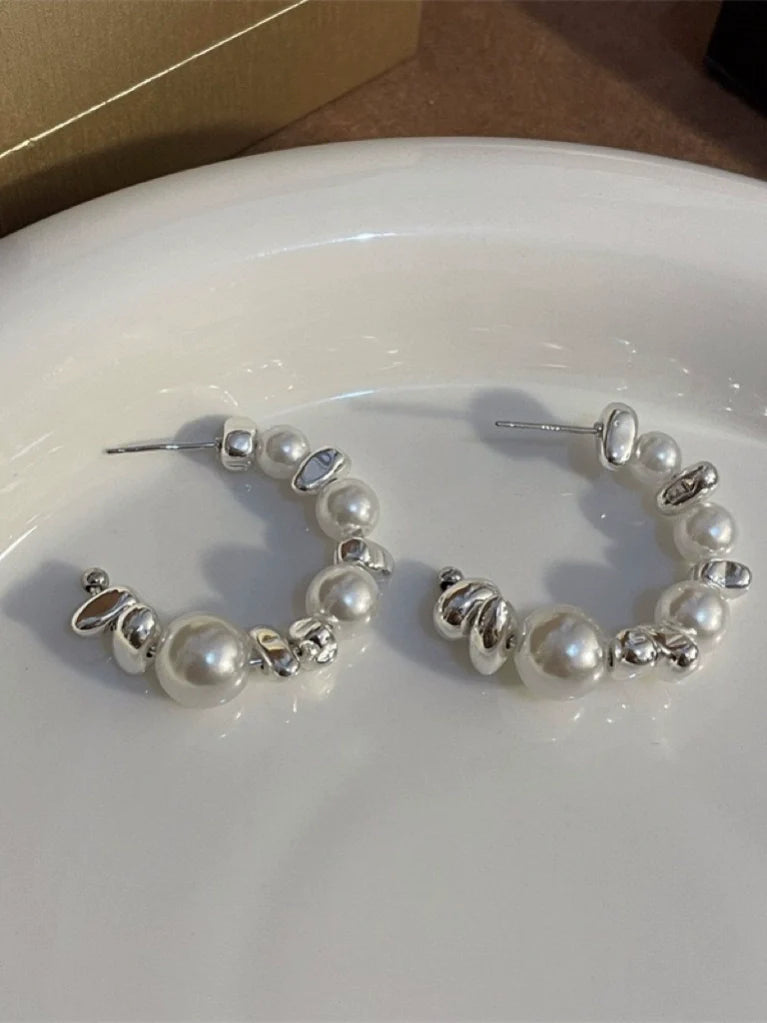 Oaklyn Pearl C-Hoop Earrings - Pearl Silver Earrings