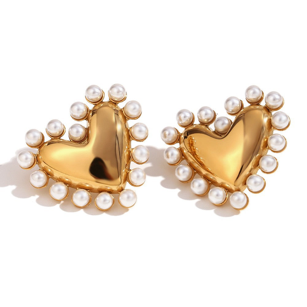 Avni Delicate Pearl Necklace - Outer Circle Pearl Smooth Heart Stud Earring - Gold [JAB7AOP8]