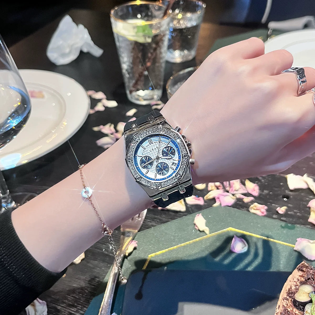 Becky Crystal Bezel Wristwatch - Black Strap White Dial