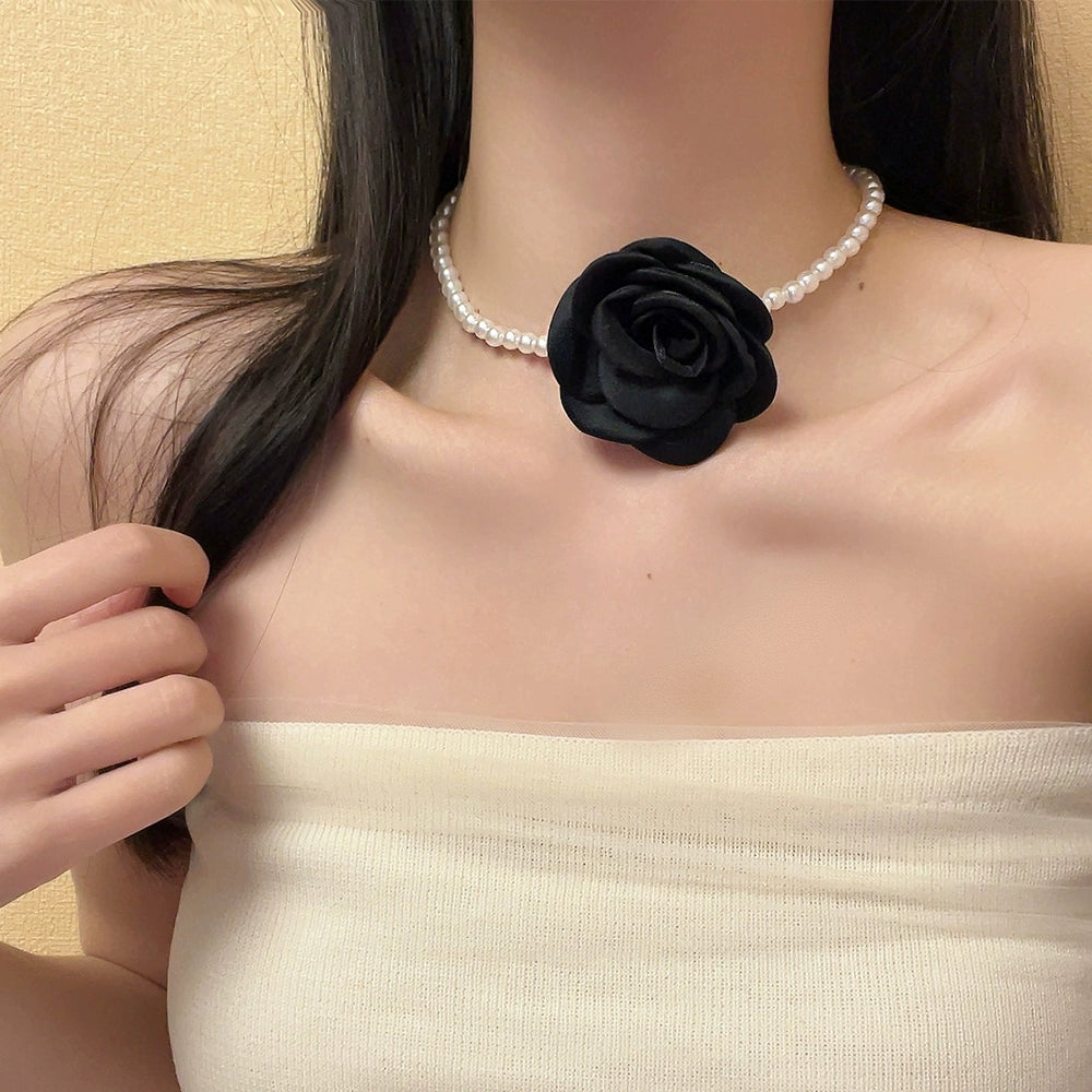 Allee Rose Pearl Choker Necklace - Black Flower Pearl Necklace [QVMYIIBY]