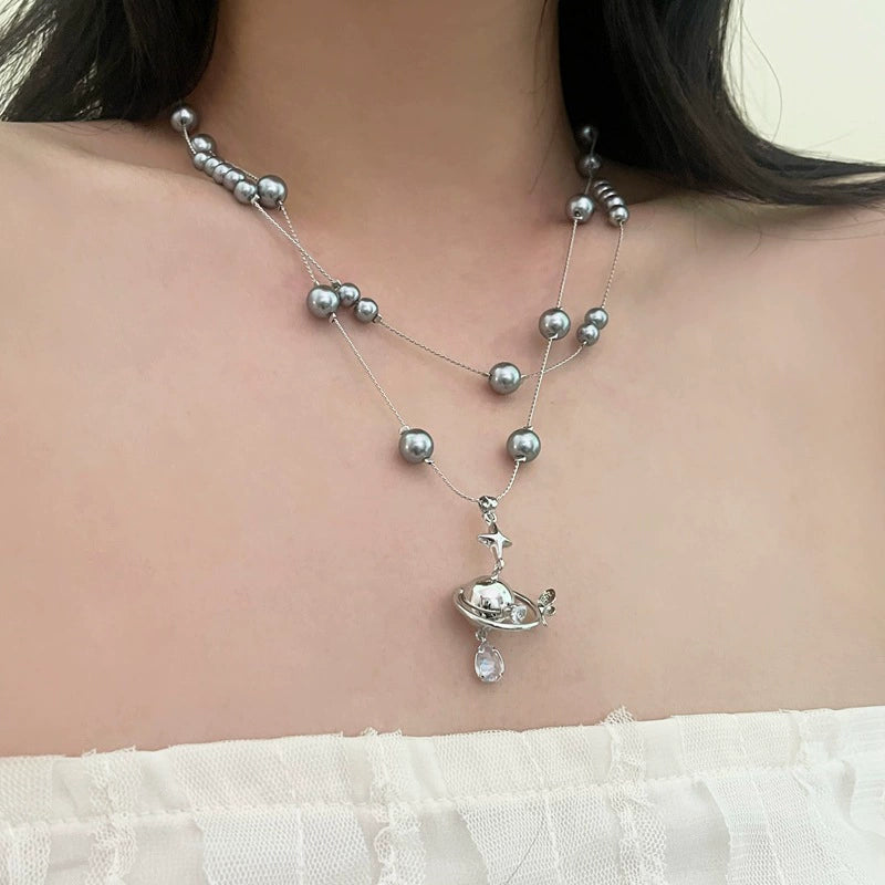 Adelina Celestial Layered Necklace - Spaceship Planet Pendant Necklace [45V0DKZK]