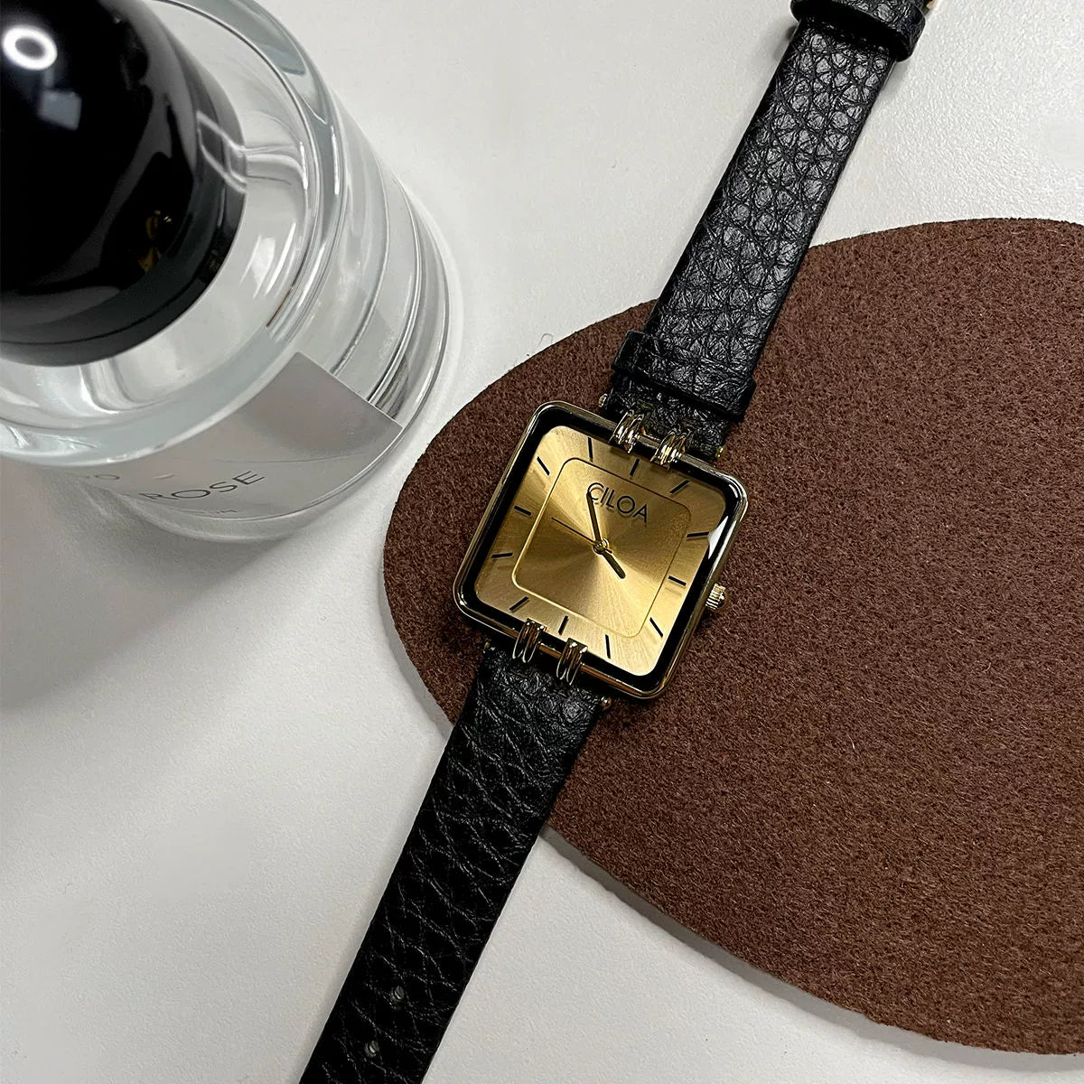 Kalise Petite Square Watch - Gold Dial Black Strap [02VSHUN1]