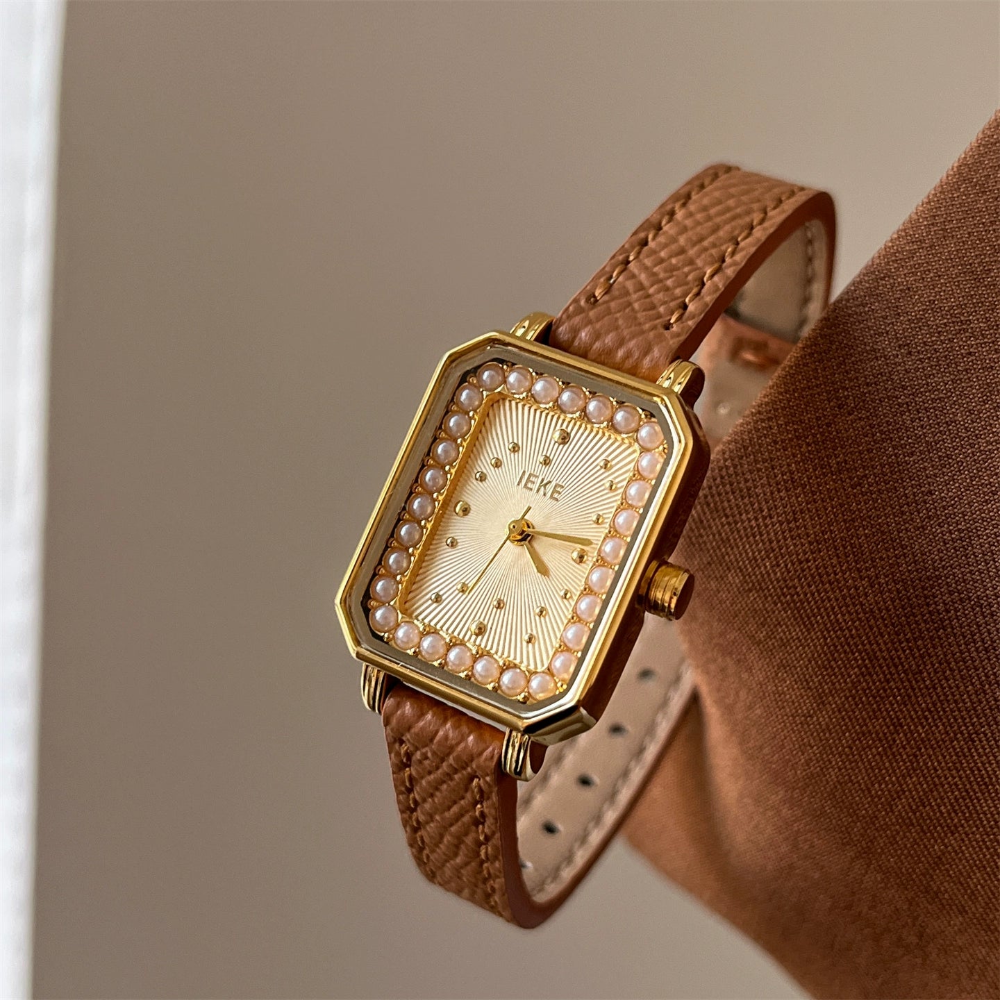 Quinley Pearl Square Watch - Brown Leather Strap with Gold Case & Gold Dial [M9UHAZZX]