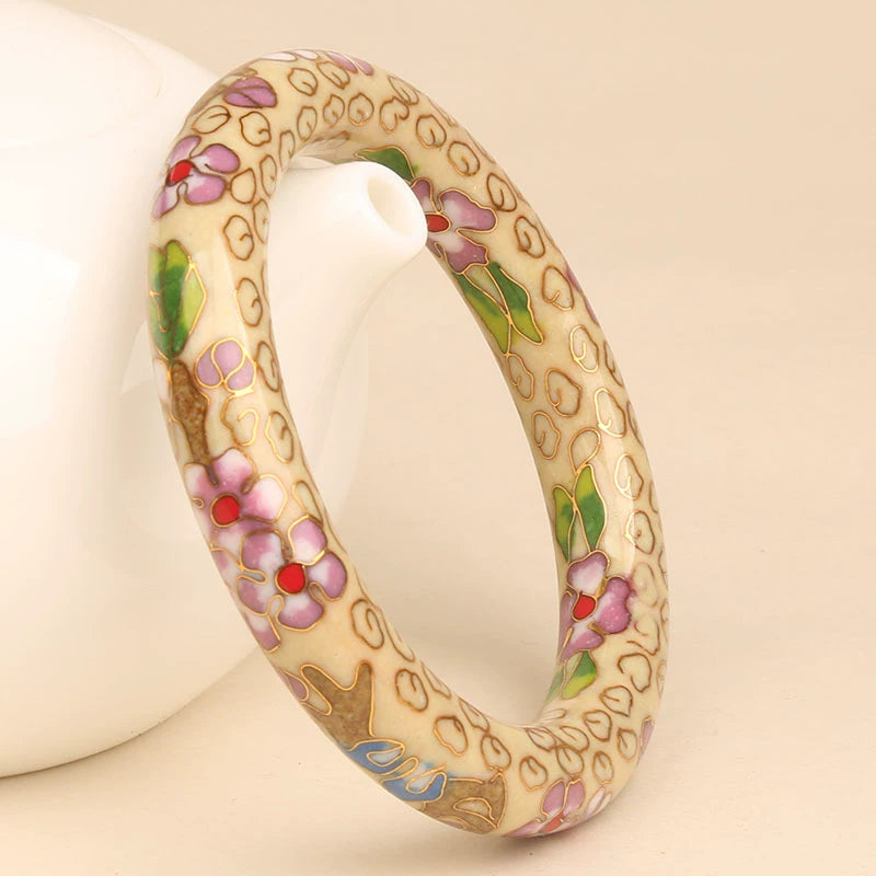 Zoi Floral Cloisonné Bracelet - Antique Gold Plum Blossom (12mm Width) [6MNLPCUY]