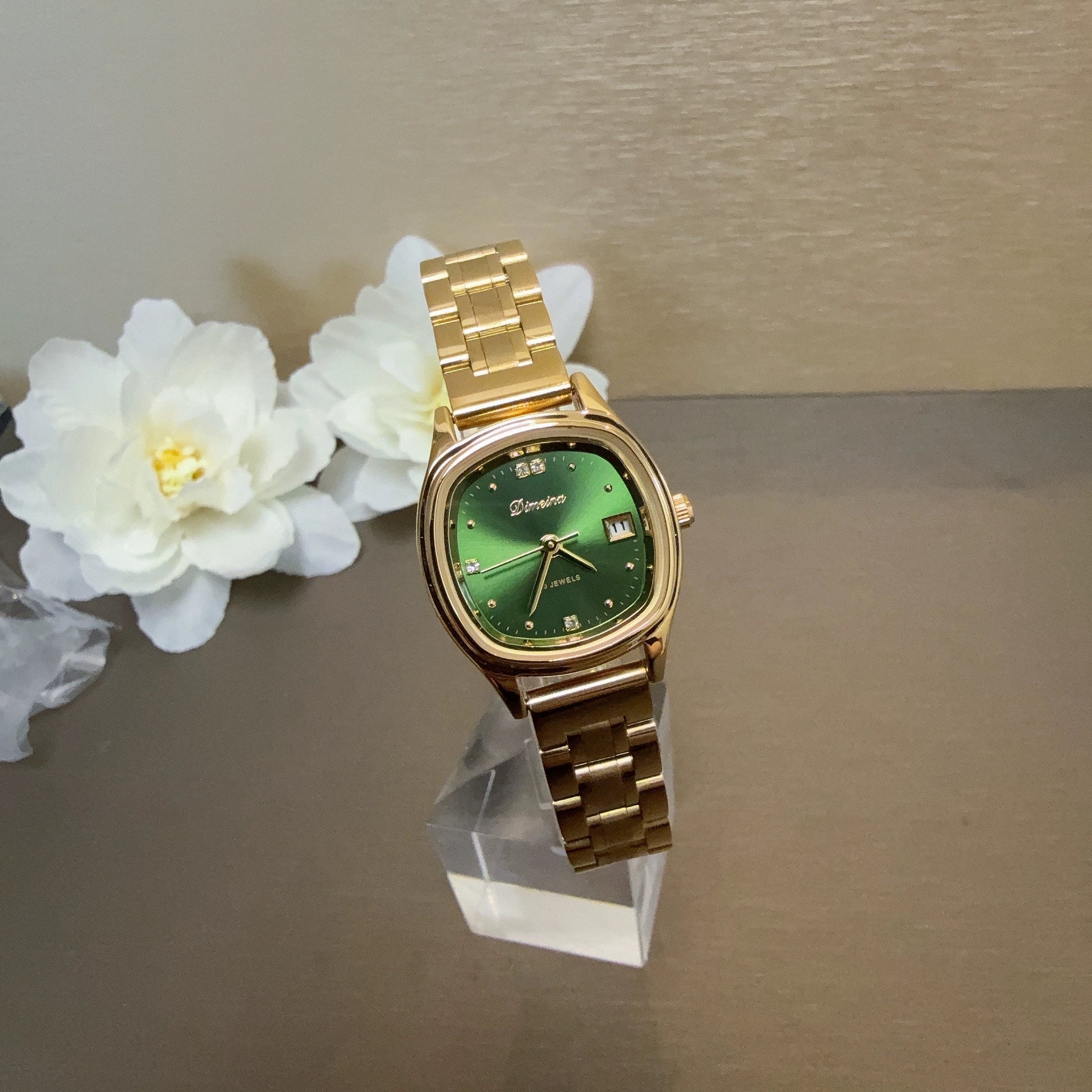 Alynna Luxe Square Calendar Watch - Gold Green Face Steel Strap
