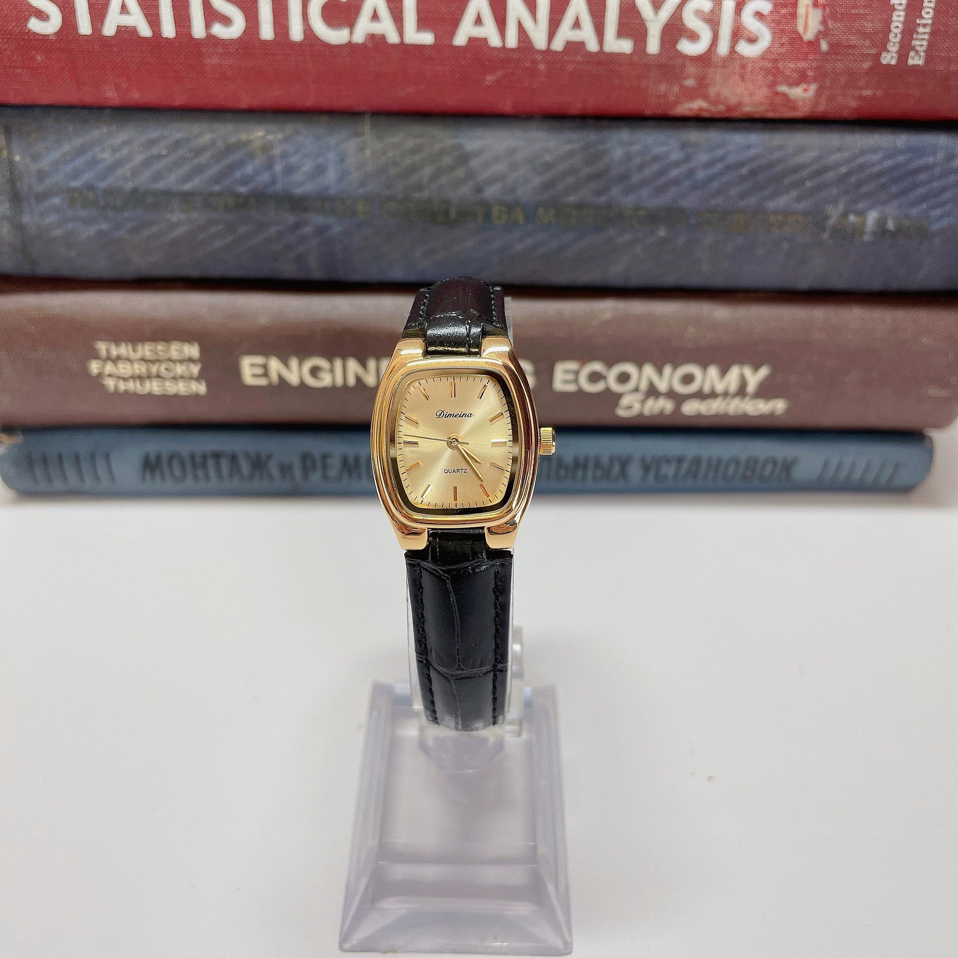 Britney Tonneau Leather Watch - Gold Dial Black Strap