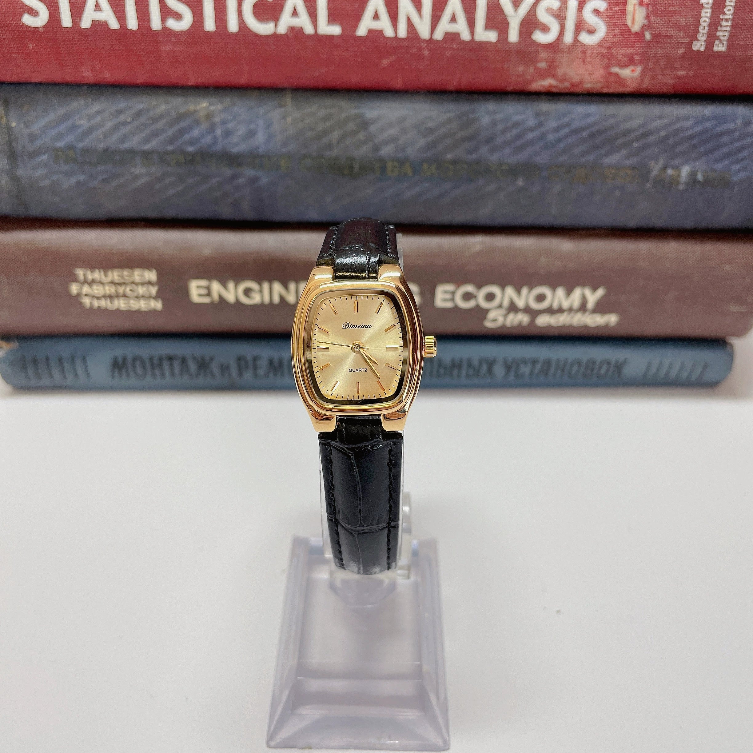 Britney Tonneau Leather Watch - Gold Dial Black Strap