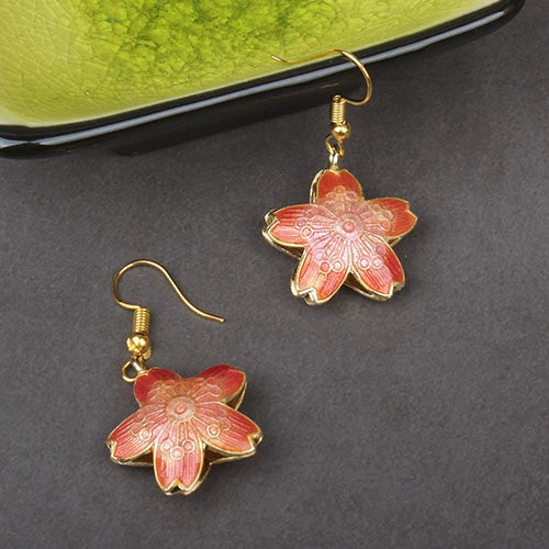 Adia Vintage Enamel Drop Earrings - Red Five-Petal Flower