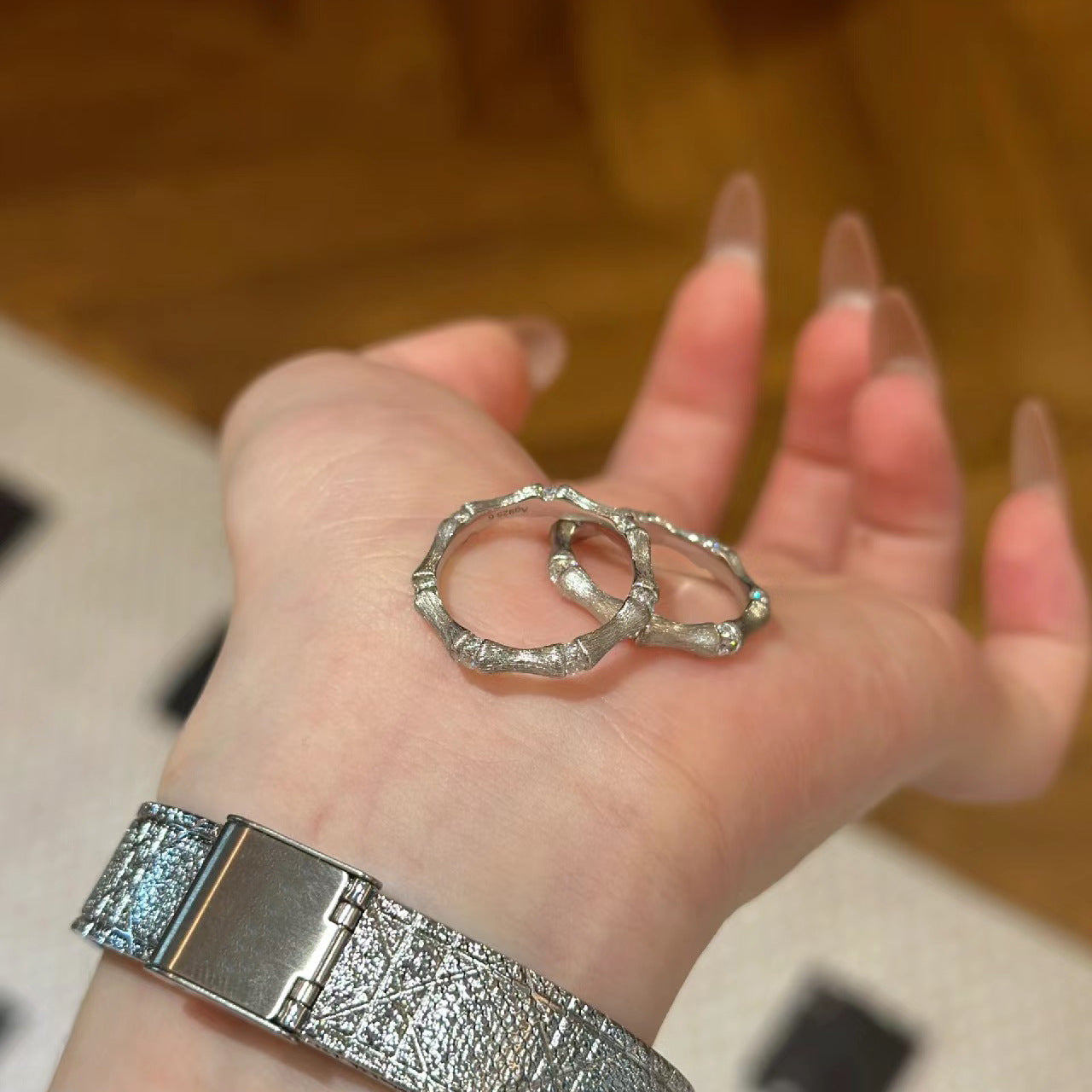 Adah Bamboo Link Set - Silver Adjustable Ring [PFGWOKRD]
