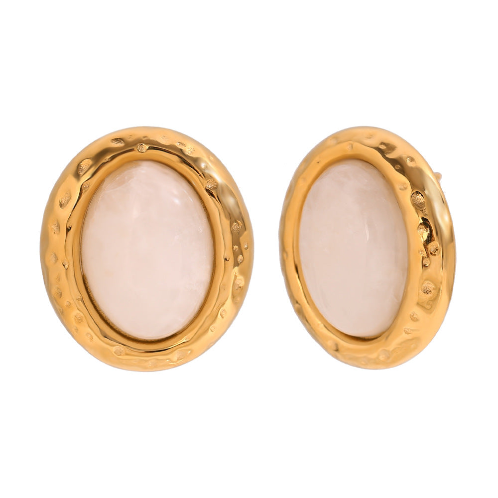 Miliani Irregular Geometric Earrings - Hammered Natural Stone Oval Stud Earrings - Gold - White Jade [Y7IGEHMW]