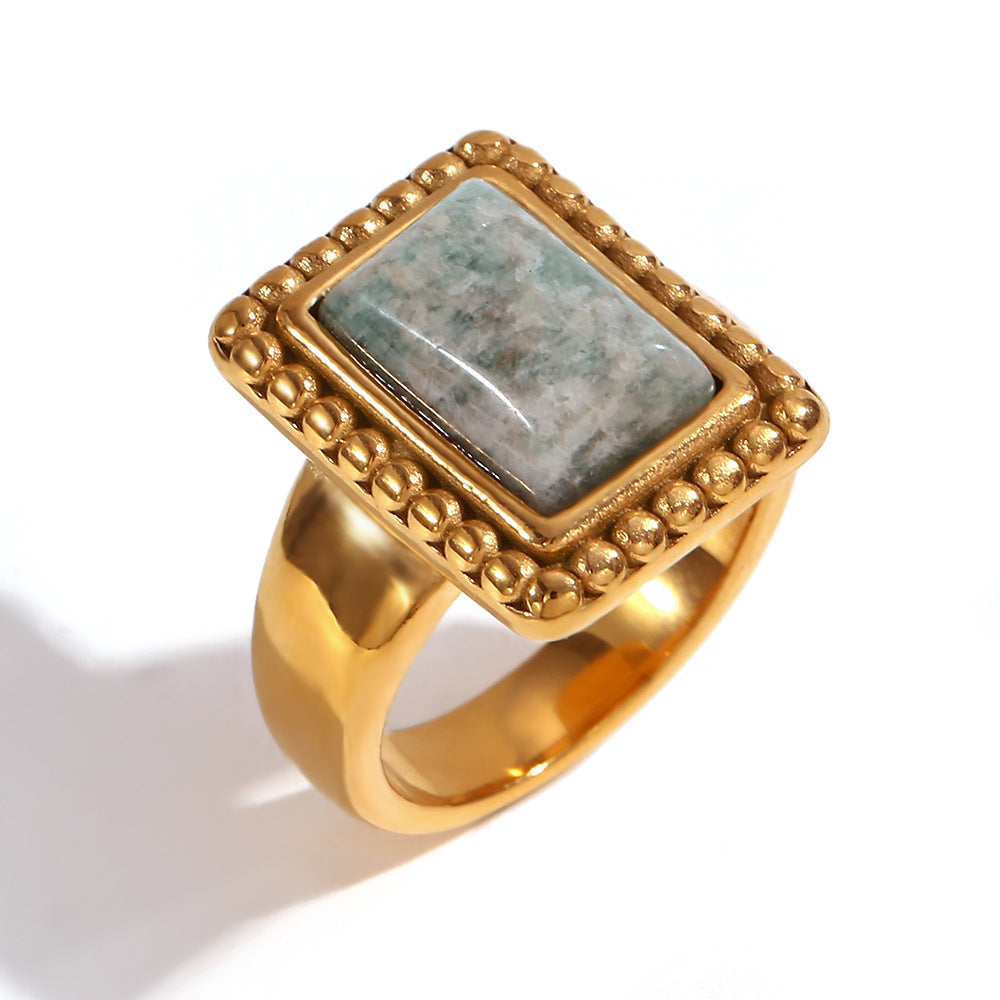 Shaindy Retro Stone Rings - Lace Rectangular Natural Stone Ring - Gold - Amazonite - Size 6 [EDM94LIA]