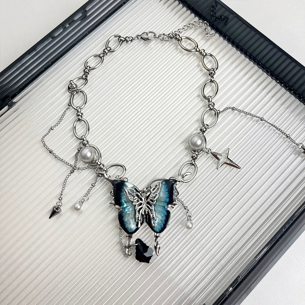 Whitlee Crystal Butterfly Choker - Butterfly Tassel Necklace