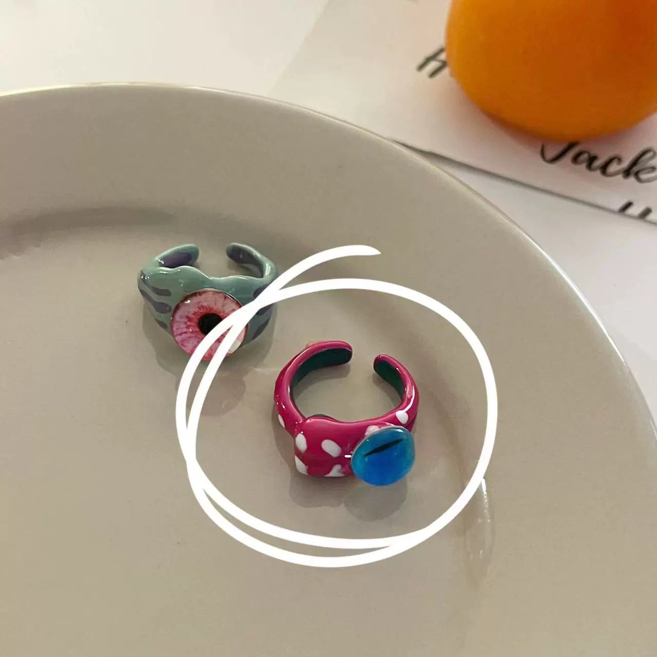 Dalila Enamel Eye Ring - Pink Polka Dot Blue Eye