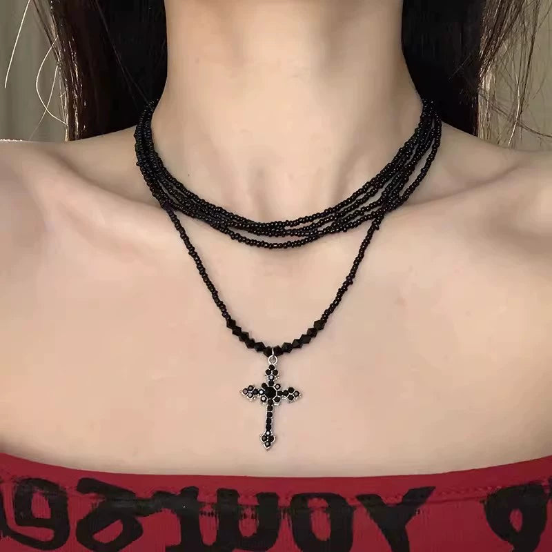 Zoha Multi-Layered Cross Choker - Black Crystal Cross Necklace [RLHH2MR8]