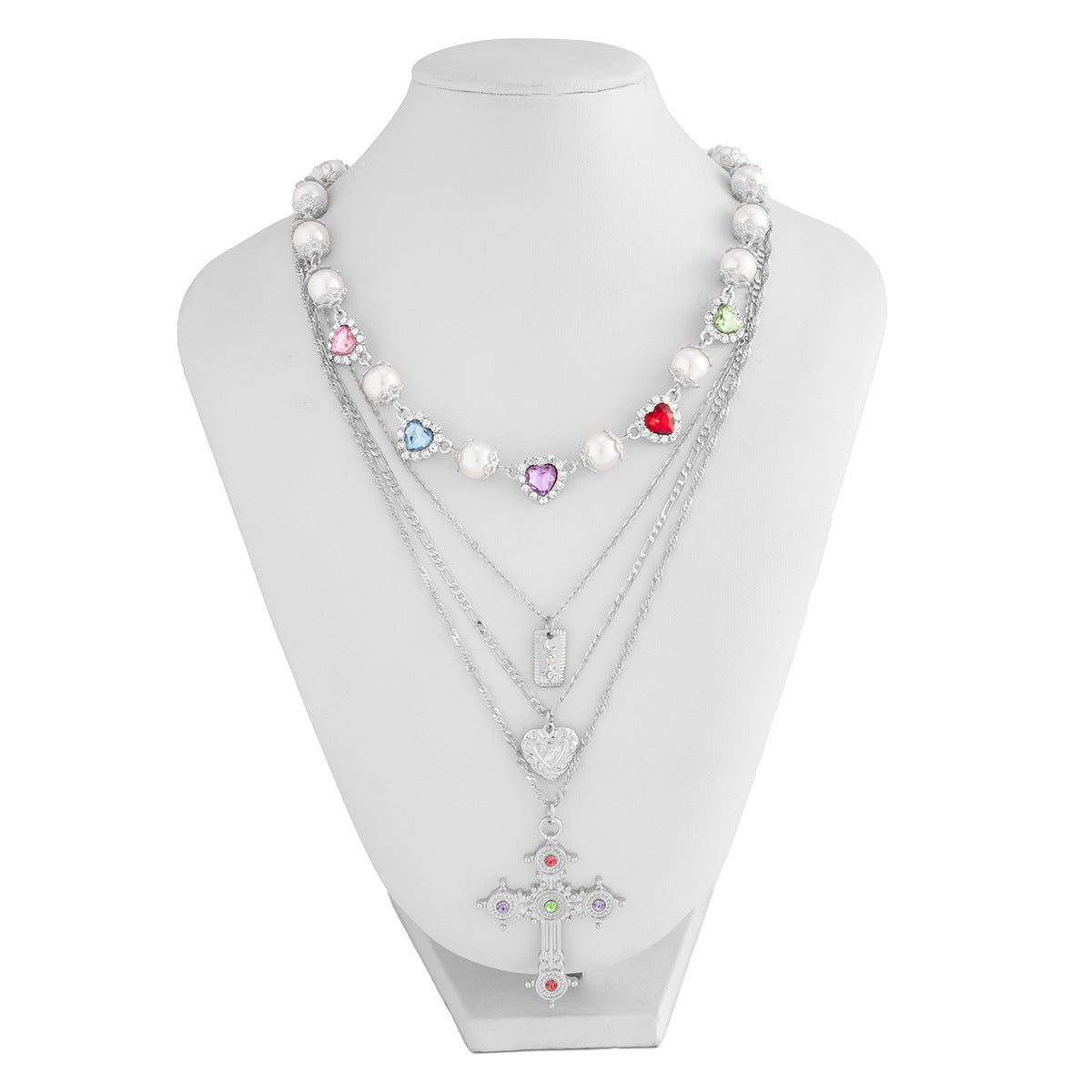 Rylinn Layered Cross Pearl Necklace - Silver [O5DSQZ1V]