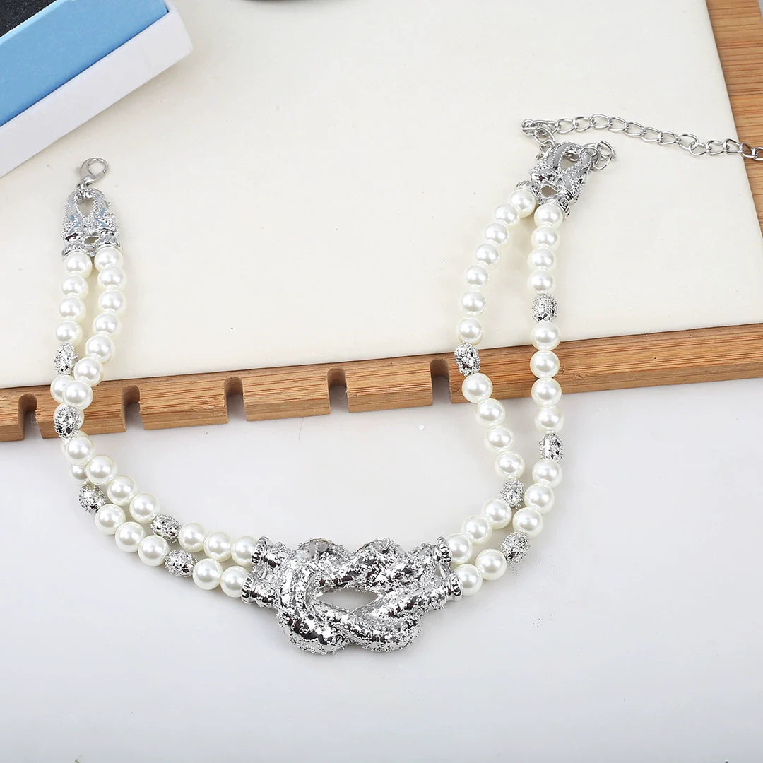 Kimberly Layered Pearl Knot Necklace - Silver Necklace