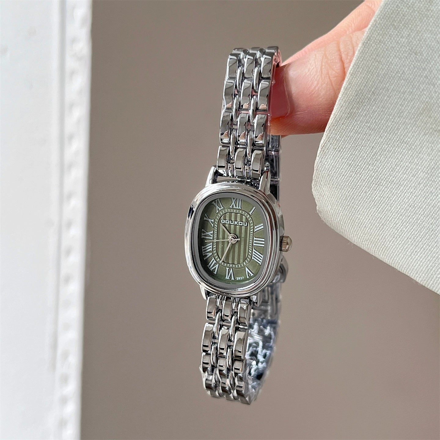 Kaydance Dainty Daisy Watch - Silver Band Green Oval Roman Dial [AY4216Y1]
