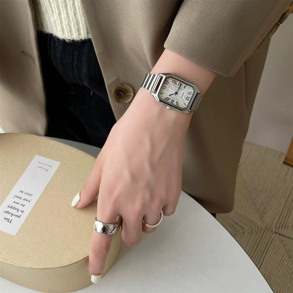 Aashvi Roman Square Watch - Silver Band White Face [95WF0B3H]