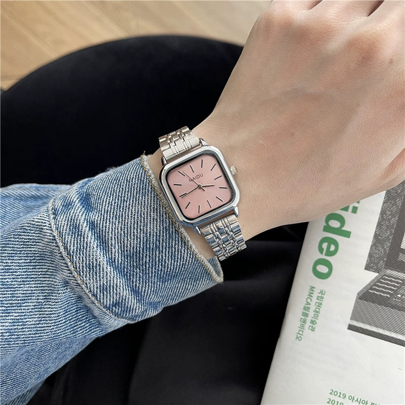 Everett Sleek Steel Watch - Pink Dial (Naidu Silver Case, Steel Band, Square Markers) [W2PAOAQP]