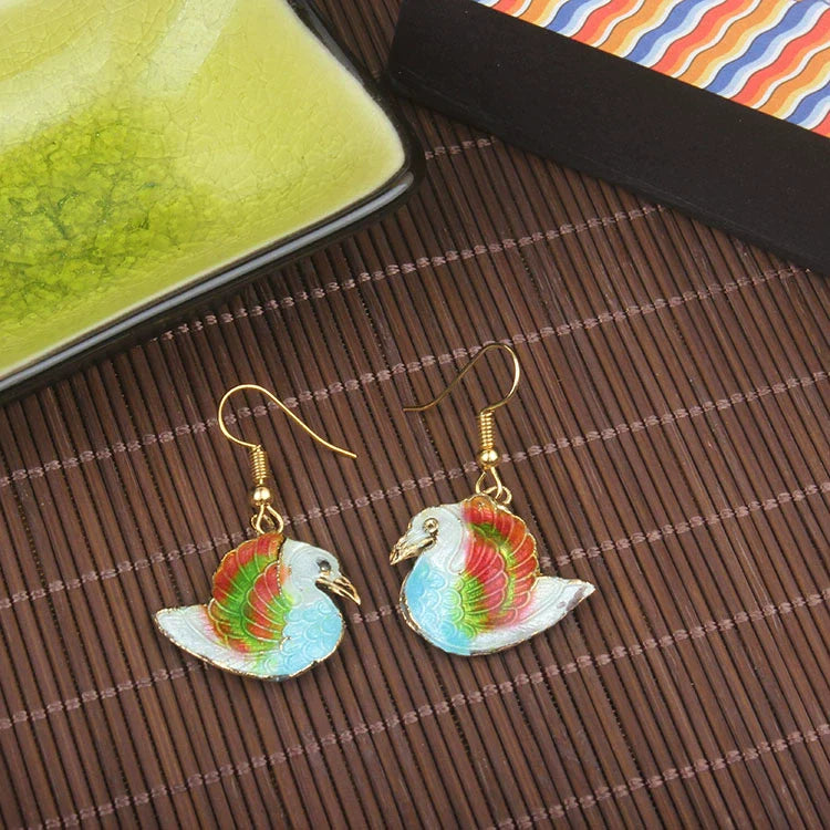 Adia Vintage Enamel Drop Earrings - Swan with Red Green Wings