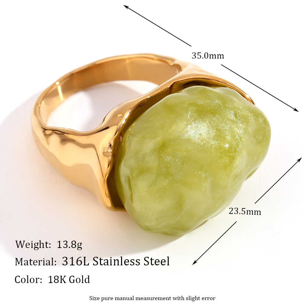 Asa Gold Retro Rings - Acrylic Irregular Retro Ring - Gold Light Green - Size 7 [595P4641]