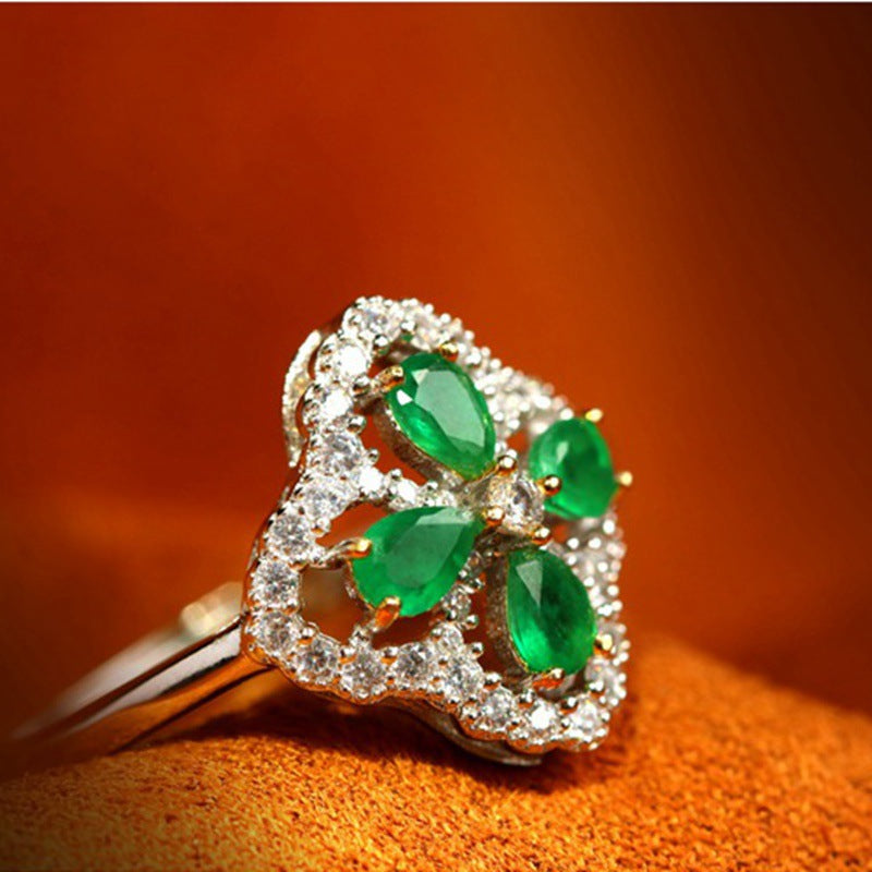 Marla Emerald Clover Set - Green Gemstone Adjustable Ring [CBXMTLUB]