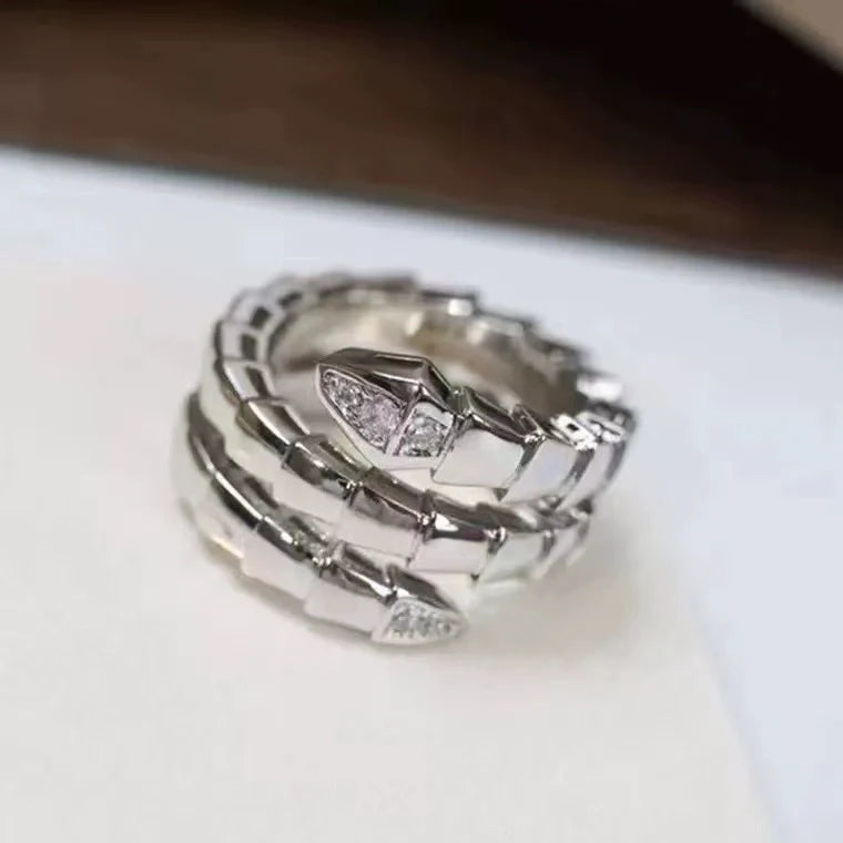 Brionna Serpent Embrace Ring - White Gold Three-Coil Narrow Snake Ring with Pave Ends