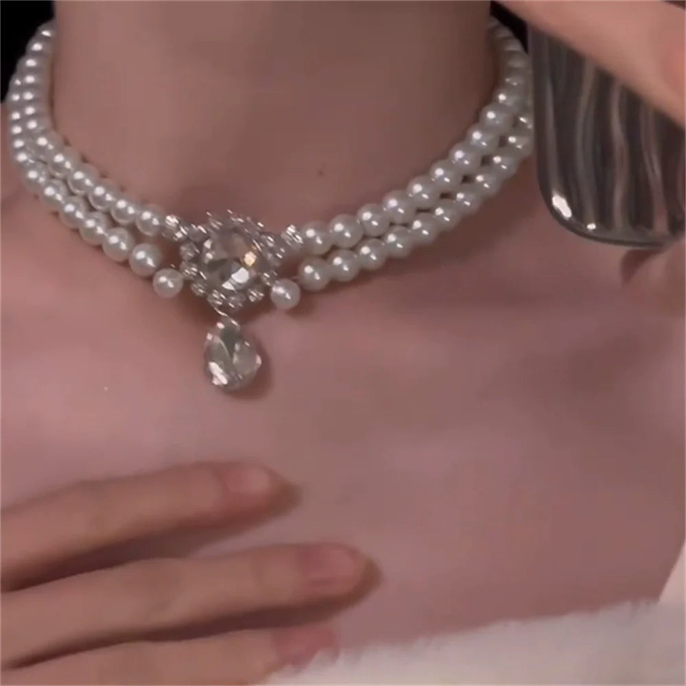 Asmaa Pearl Rhinestone Necklace - Double Layer Pearl