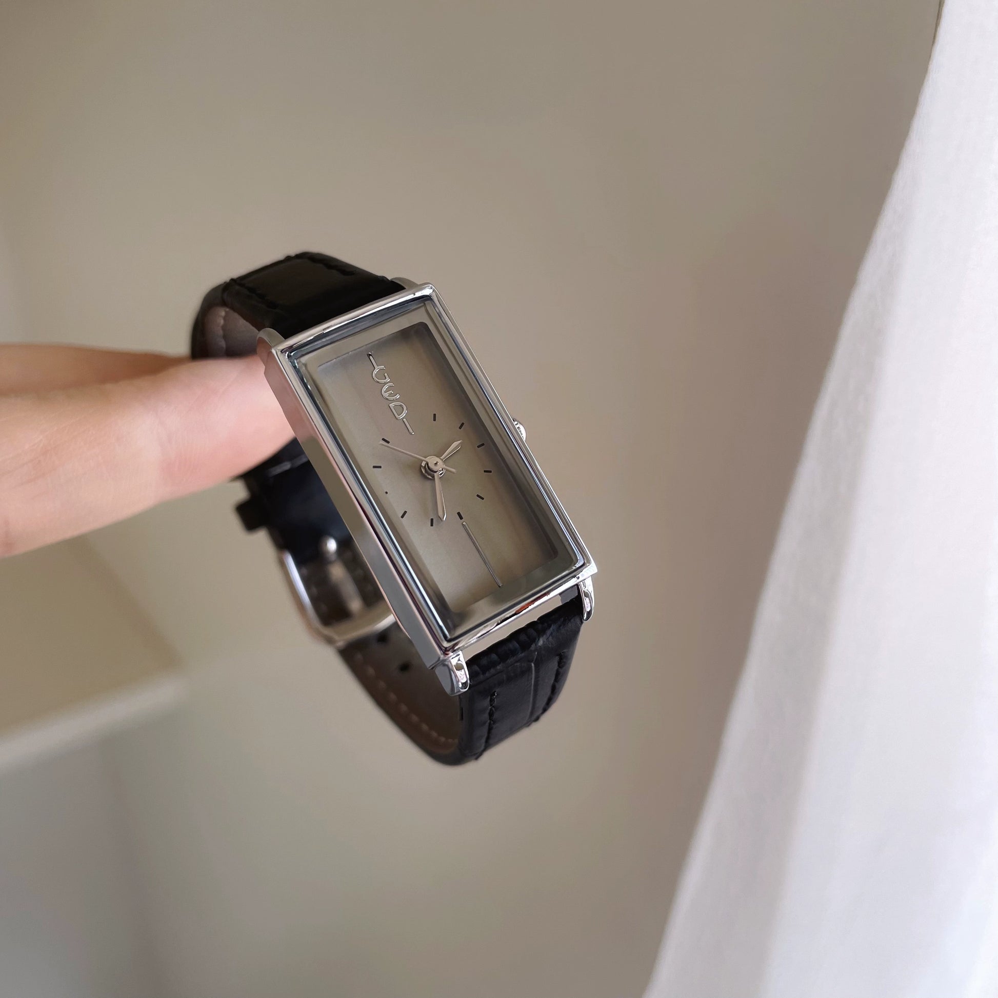 Echo Rectangular Leather Watch - Black Strap Silver Case [6PY34ZGI]