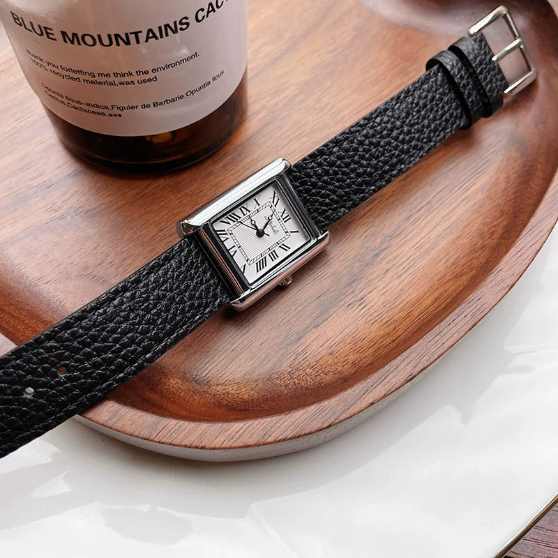 Venus Classic Tank Watch - Silver Case Black Strap