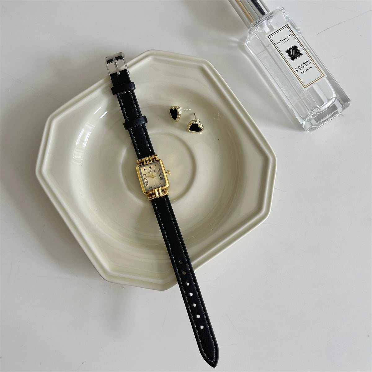 Jailyn Petite Square Watch - Black Strap Gold Frame Gold Face [3E9NIU5M]