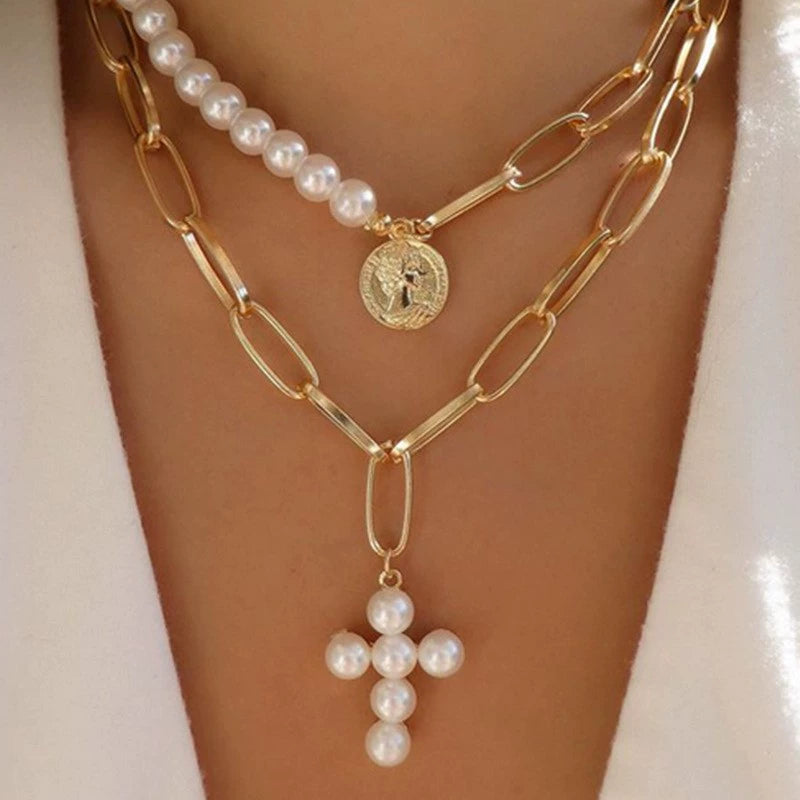 Melonie Pearl Cross Necklace - Style 2 [3L55ZNBT]