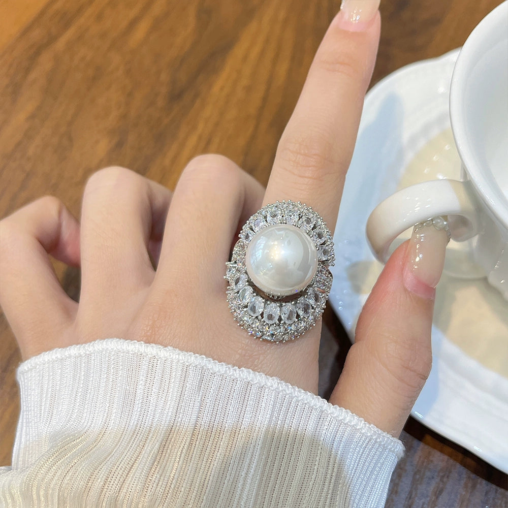 Josephina Pearl Statement Ring - Australian White Pearl Full Diamond Ring [8T8R27DQ]