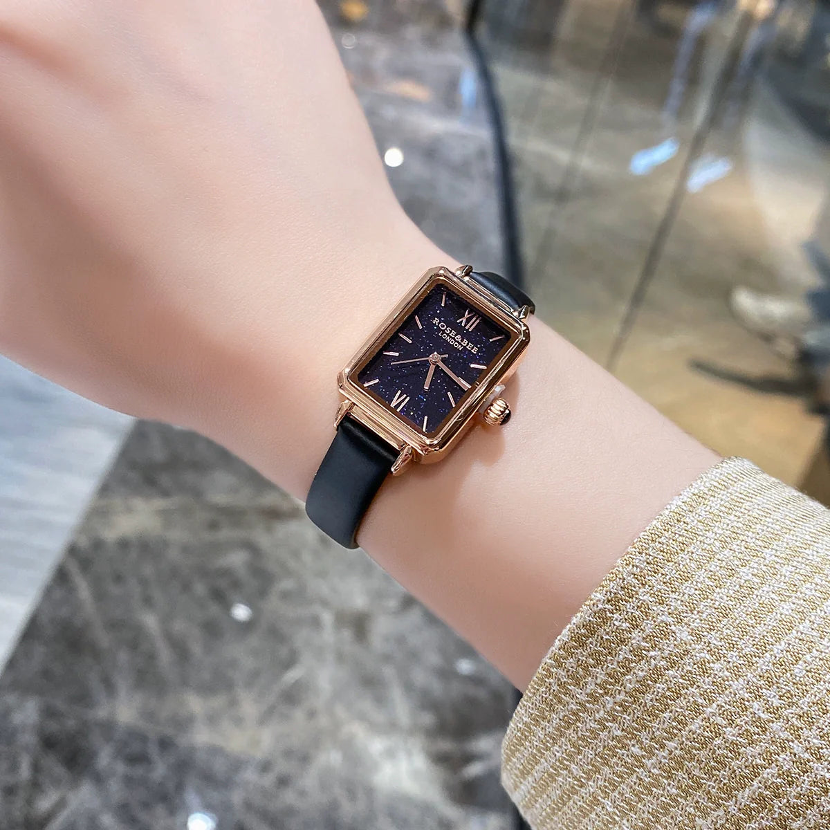 Angelica Vintage Leather Watch - Starry Dial Black Strap