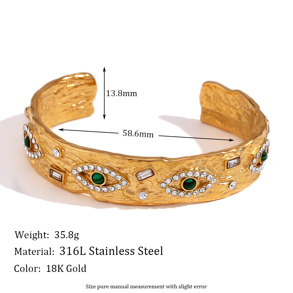 Sarena Malachite Eye Jewelry Set - Malachite Eye Hammered Rhinestone Open Cuff Bracelet - Gold [V1M9F827]