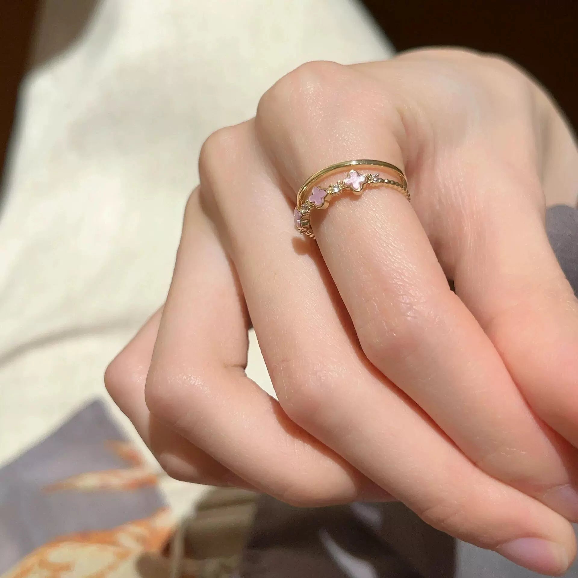 Stephanie Butterfly Enamel Ring - Double Layer Four Leaf Clover Ring