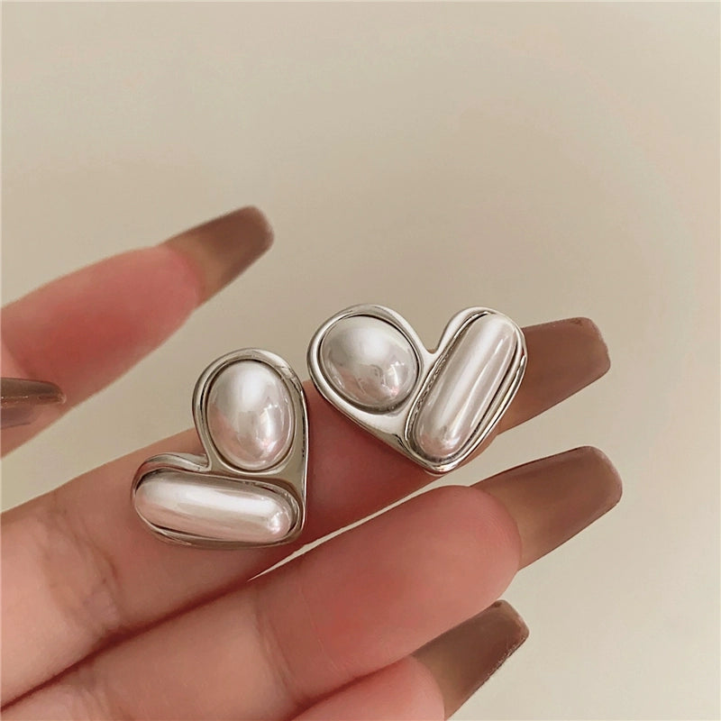 Kynslee Retro Pearl Heart Earrings - Silver Pearl Heart Silver Needle Earrings [Z5WIIX7N]