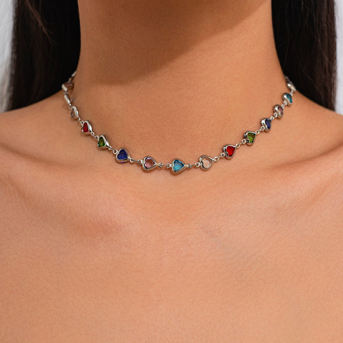 Corah Heart & Square Crystal Necklace - Style 2 Necklace Silver-tone [CHLNX3U3]