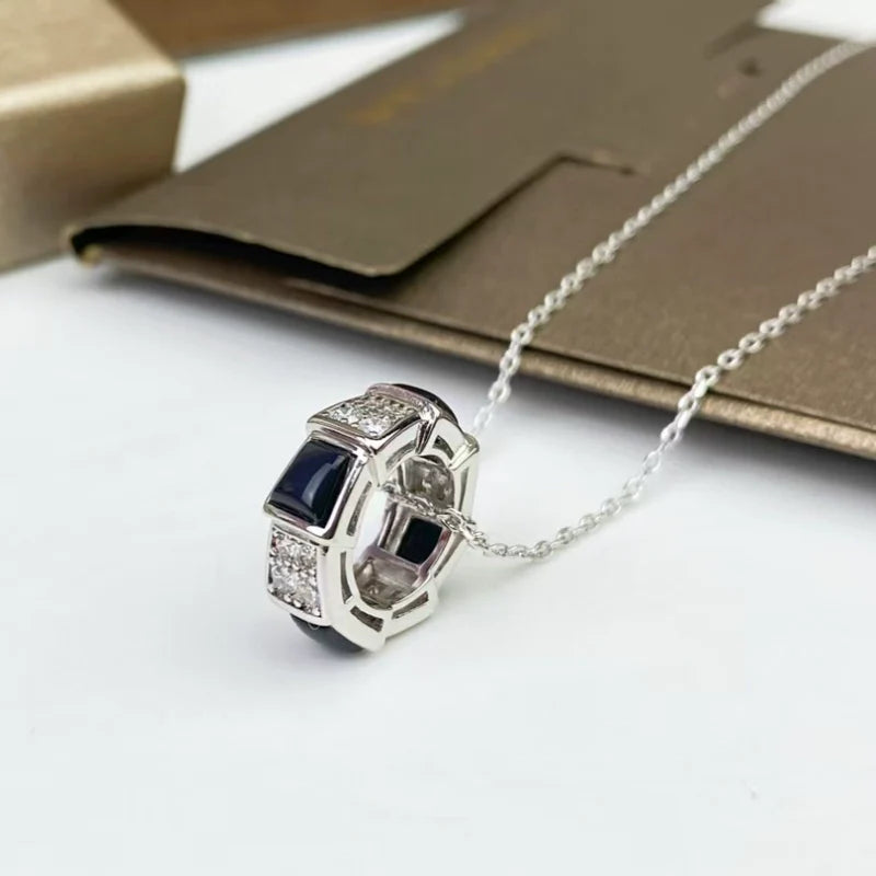 Shahd Serpent Charm Necklace - White Gold Black Onyx