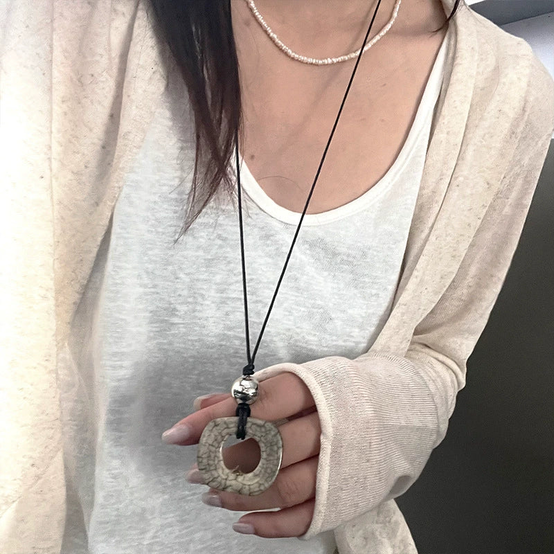 Denisse Geometric Pendant Necklace - Silver Bead White Pendant Necklace [NUN2P716]