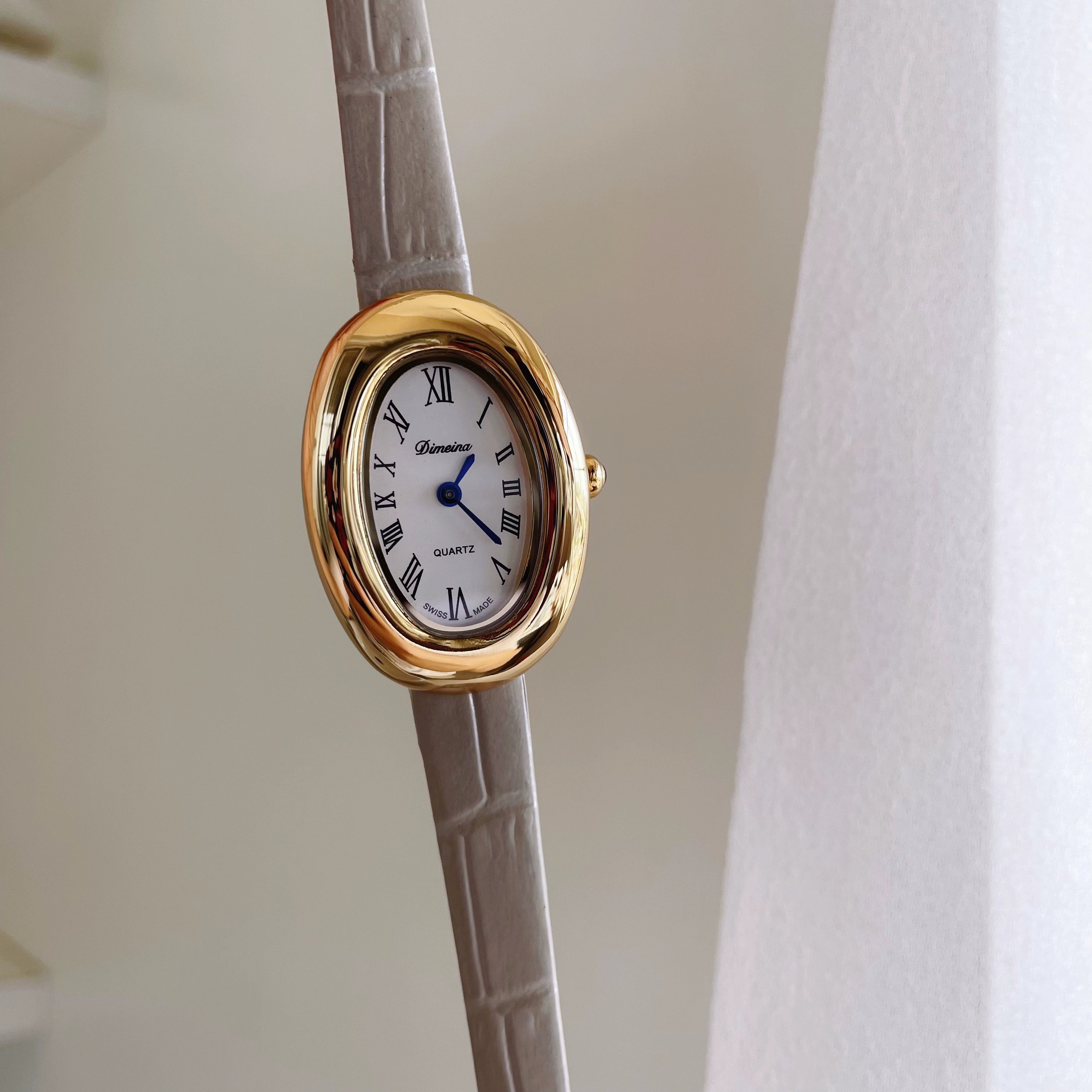 Hinda Vintage Oval Watch - Gold Case Gray Strap [ON3SOMVJ]