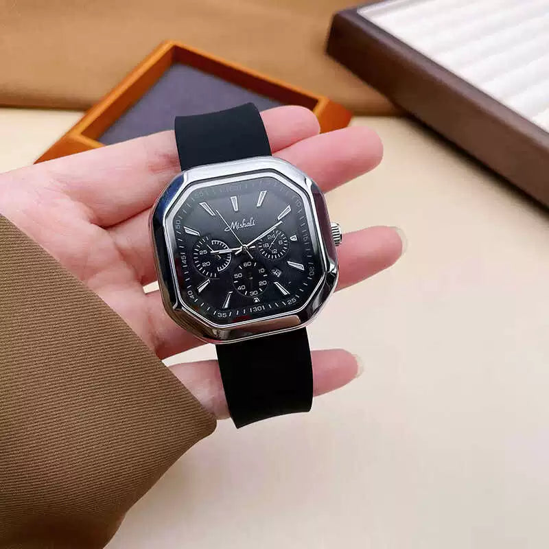 Kaylie Modern Square Watch - Silver Case Black Strap