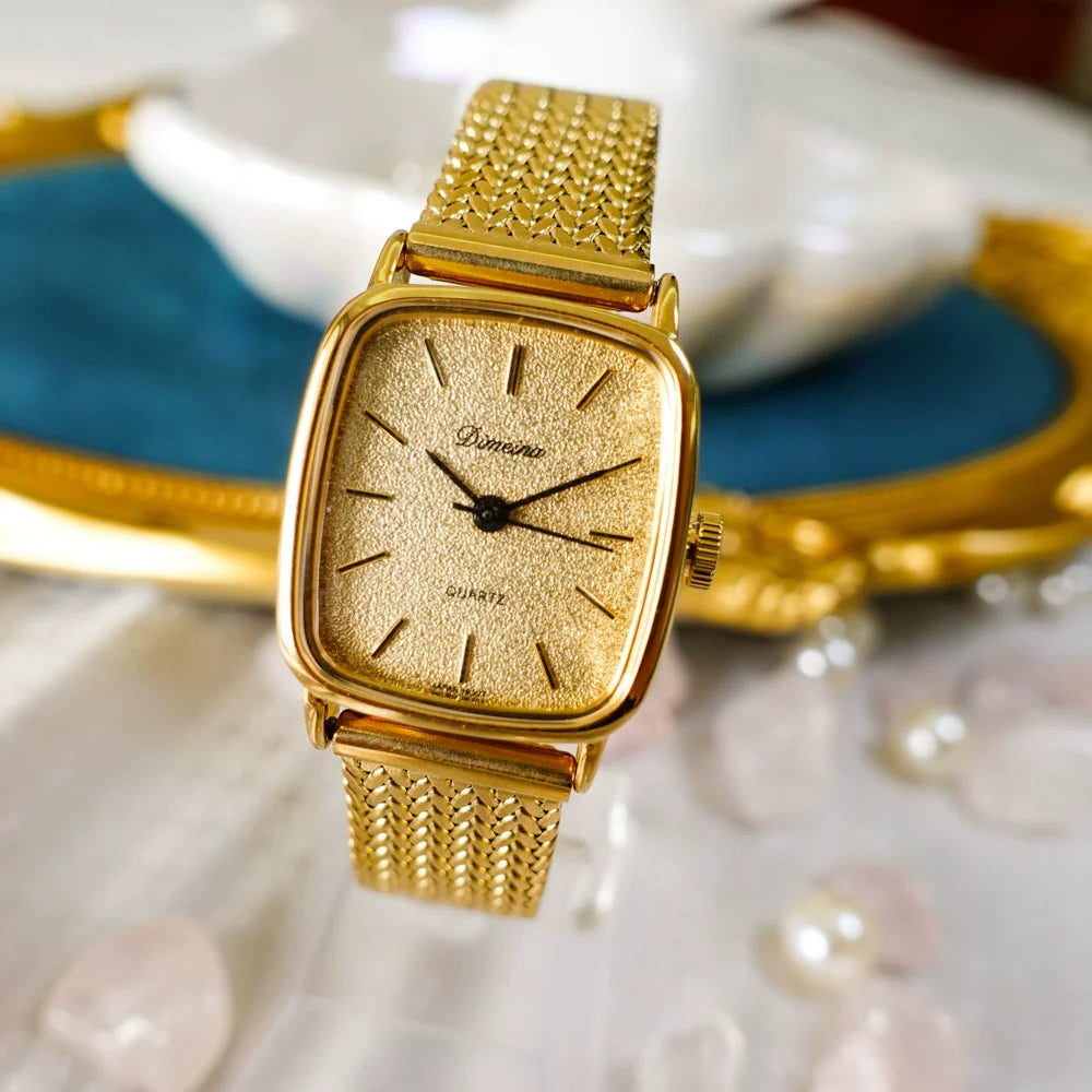 Karsen Vintage Square Watch - Gold Mesh Band (Includes Brown Leather Strap)