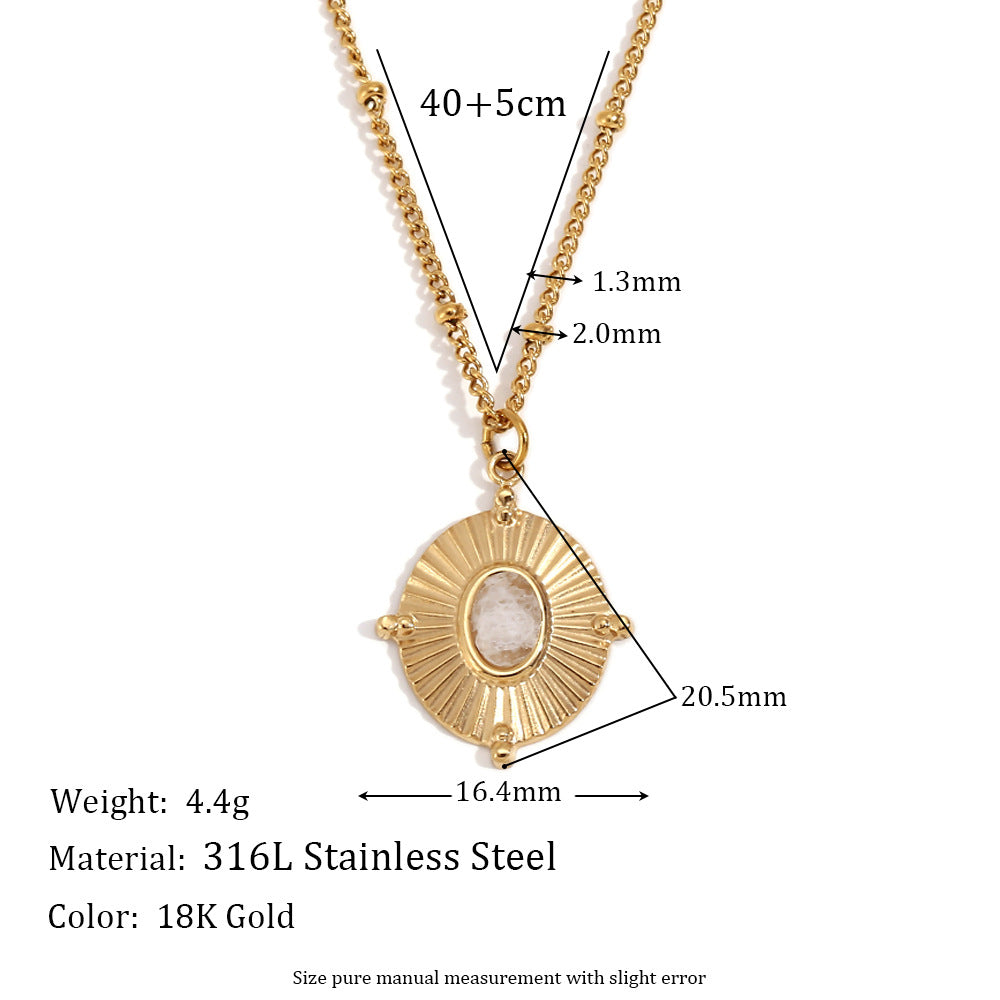 Jean Dainty Stone Necklace - White Crystal Carved Oval Pendant - Gold [MU2L6ETG]