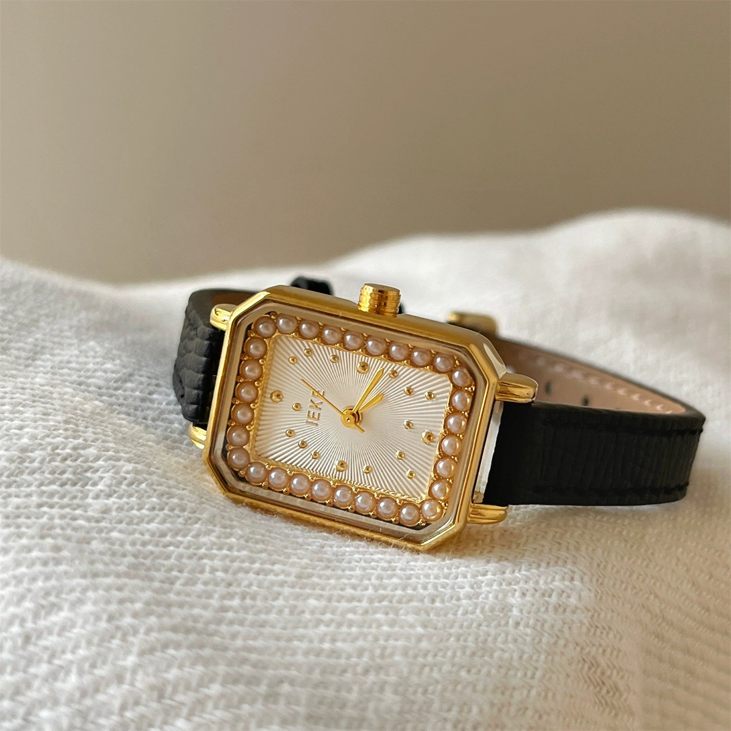 Quinley Pearl Square Watch - Black Leather Strap with Gold Case & White Dial [2AIJ44II]